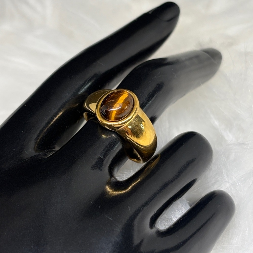 18k Gold P Genuine Tiger’s Eye Men’s Ring - Picture 3 of 5